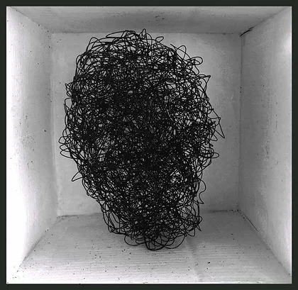 interior perspective of a white box with a black ball of wire in the shape of a human head