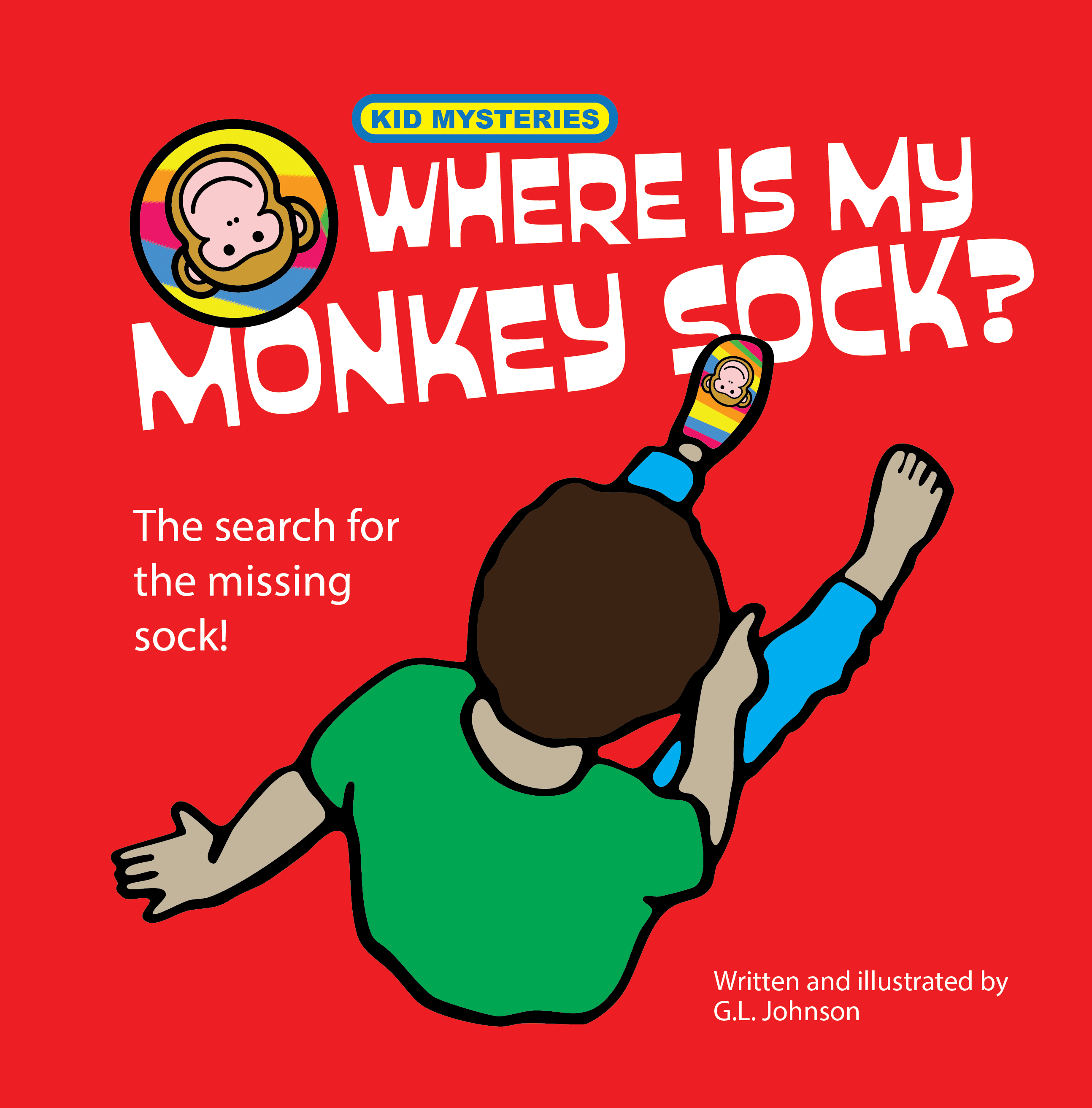 Children book cover with red background showing the title, and a child pointing at feet with one sock missing. 